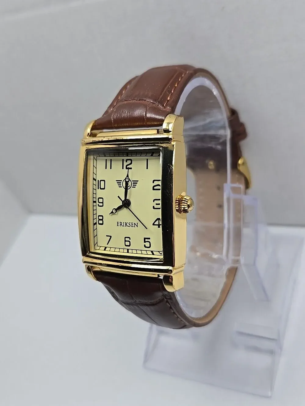 Eriksen The Classic Mens Gold Tone 30mm .Tank Watch New Battery Brown Leather